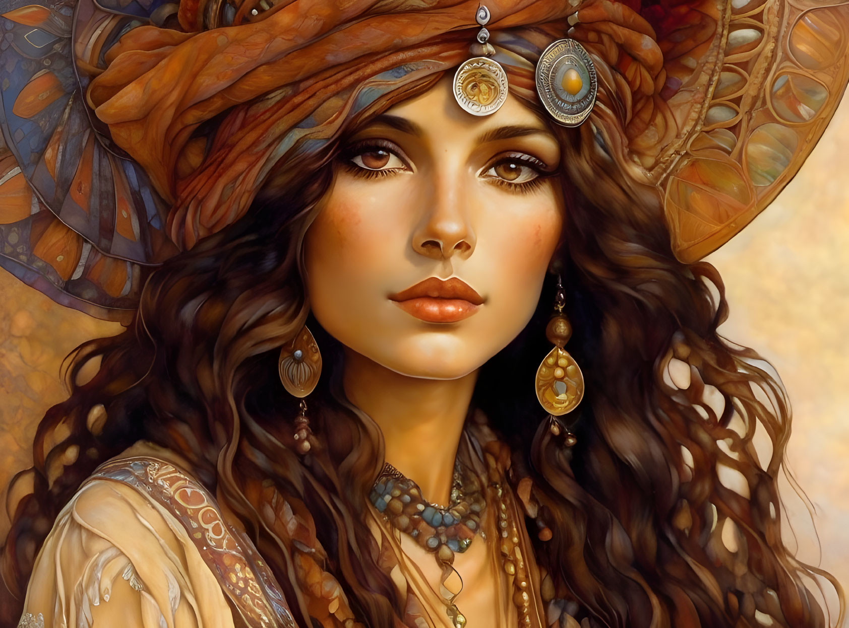 Detailed digital artwork of woman with elaborate headwear, large earrings, and decorative necklaces