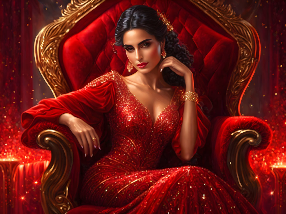 Captivating woman in sparkling red gown on ornate throne