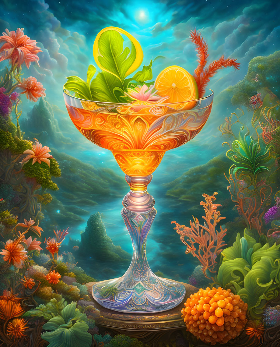 Ornate glass with fruits in vibrant underwater scene