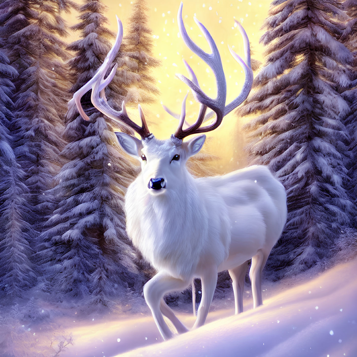 White stag with large antlers in snow-covered twilight forest