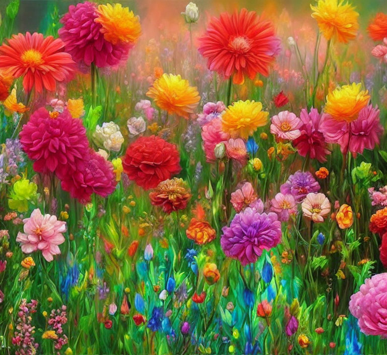 Colorful Flower Field Painting with Red, Pink, Purple, White, and Orange Blooms