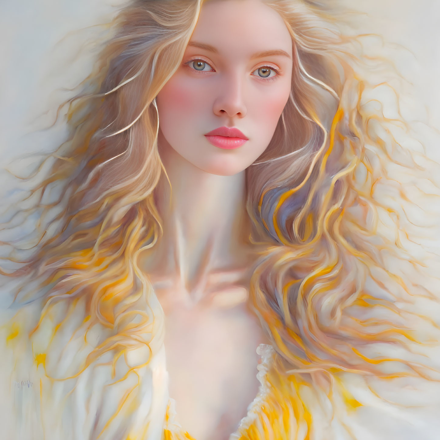 Ethereal woman portrait with flowing blond hair in light yellow garment