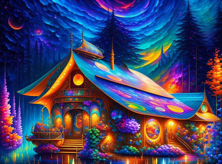 Colorful Whimsical House Illustration in Fantasy Forest