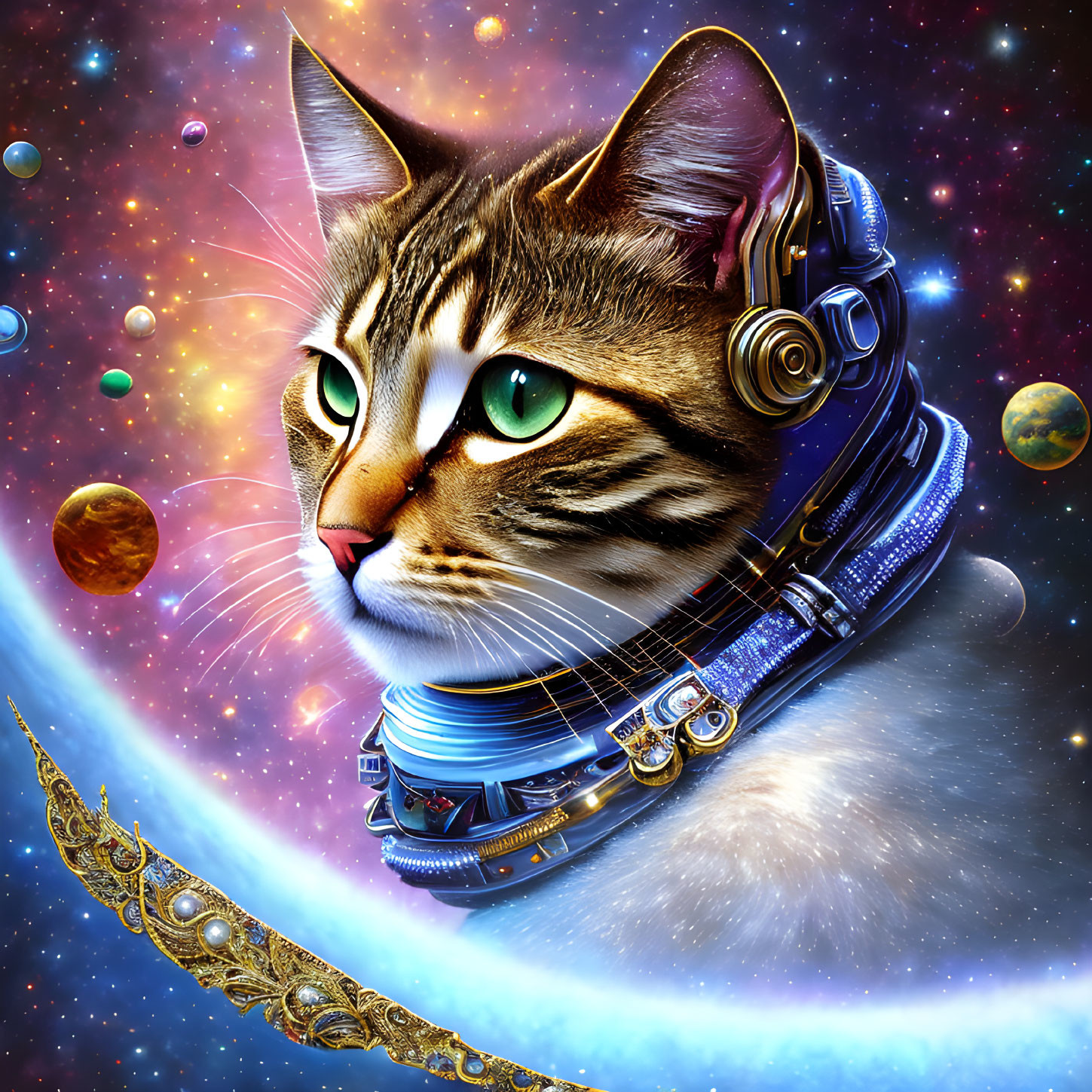 Cat with futuristic headset in cosmic setting