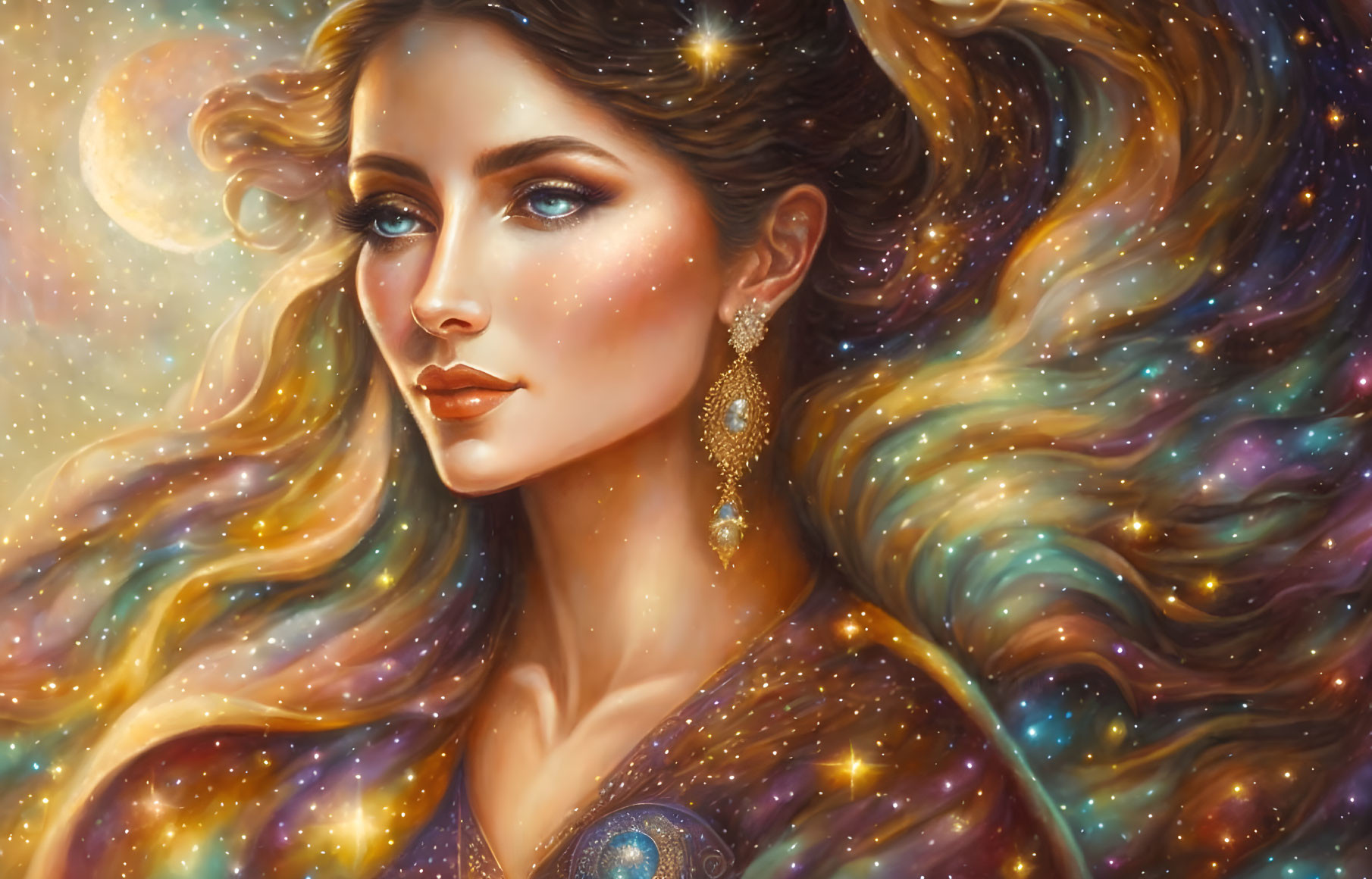 Surreal portrait of a woman with cosmic-themed hair and attire