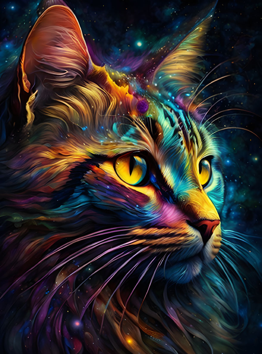 Colorful digital artwork: Cosmic cat with starry fur and mystical aura