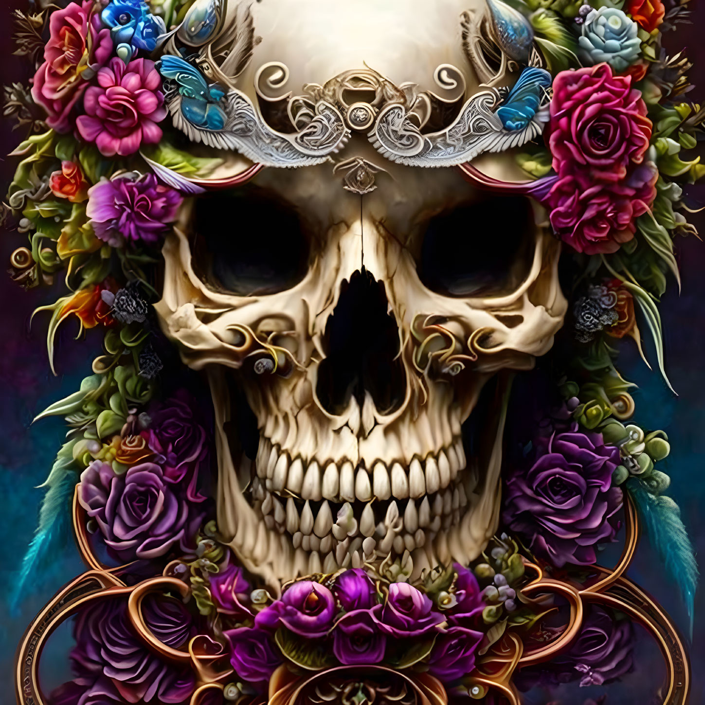 Skull with Filigree Tiara and Colorful Flowers on Dark Background