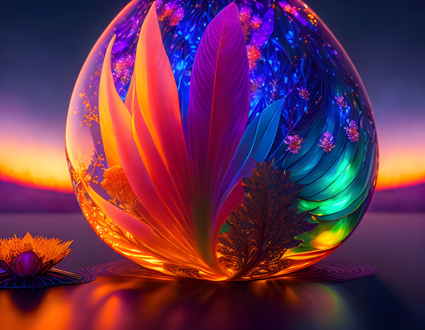 Colorful digital artwork: reflective sphere, intricate patterns, feather-like leaves, twilight sky