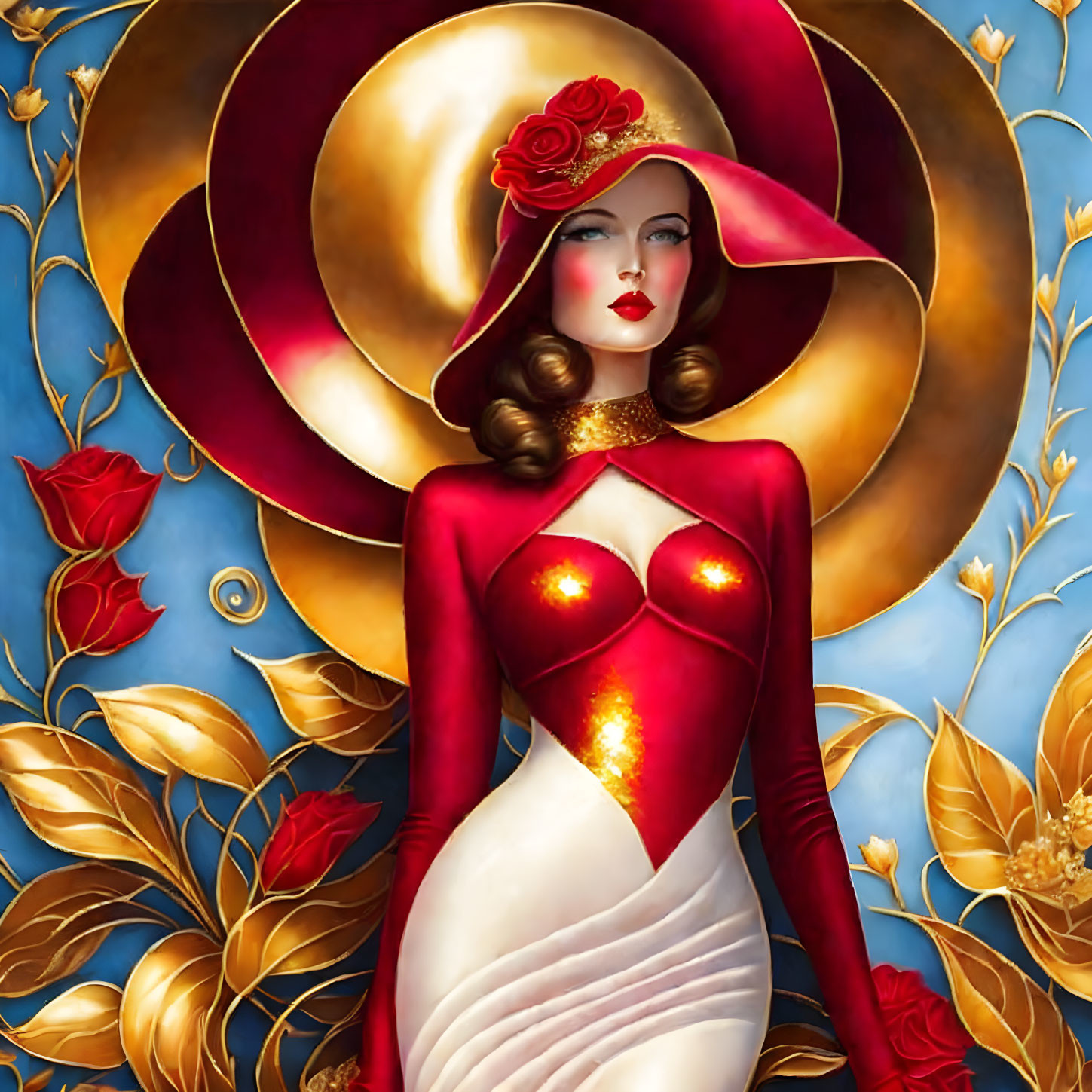 Illustrated woman in red and gold dress with halo-like hat on blue background