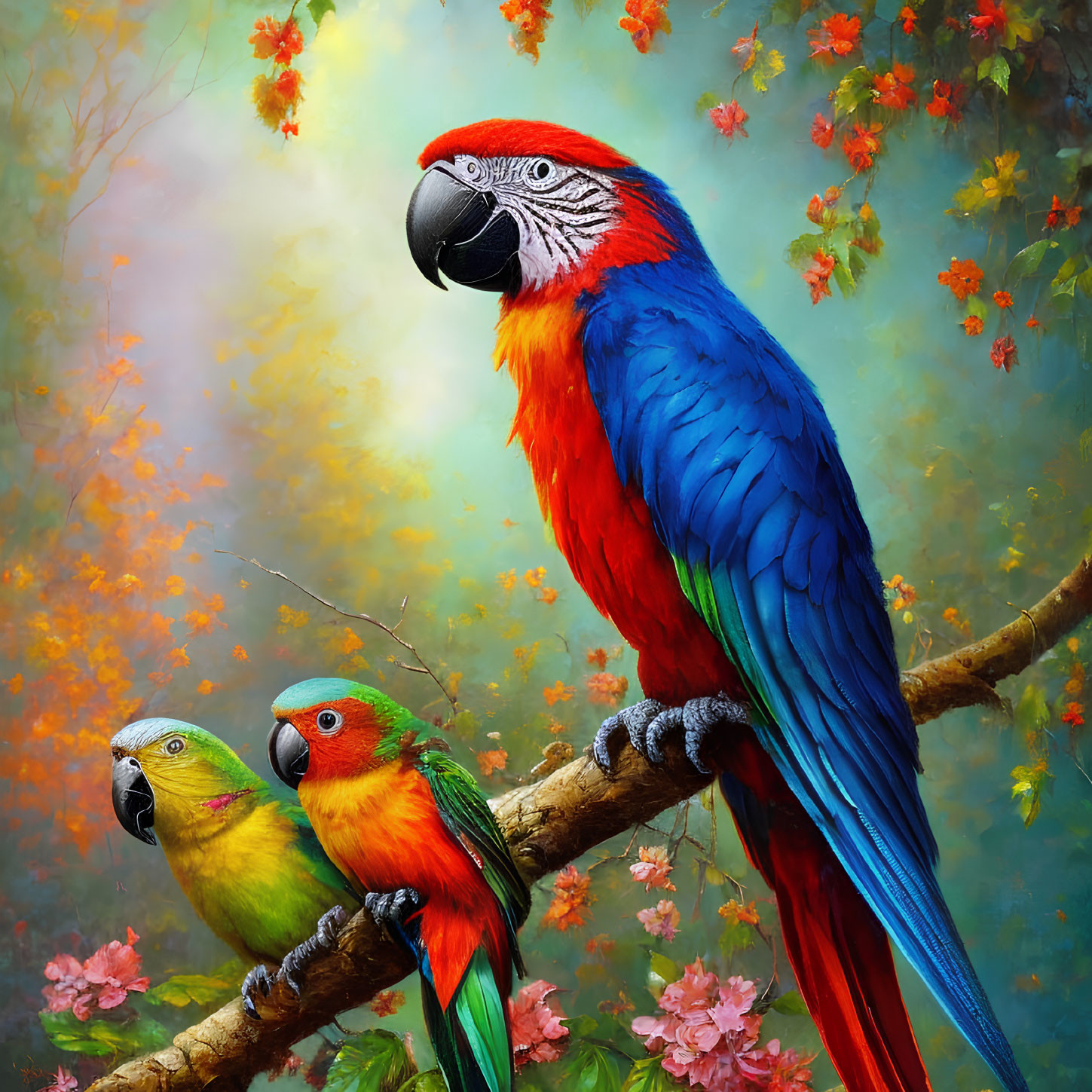 Colorful parrots on branch with flowers: blue, red, green, orange