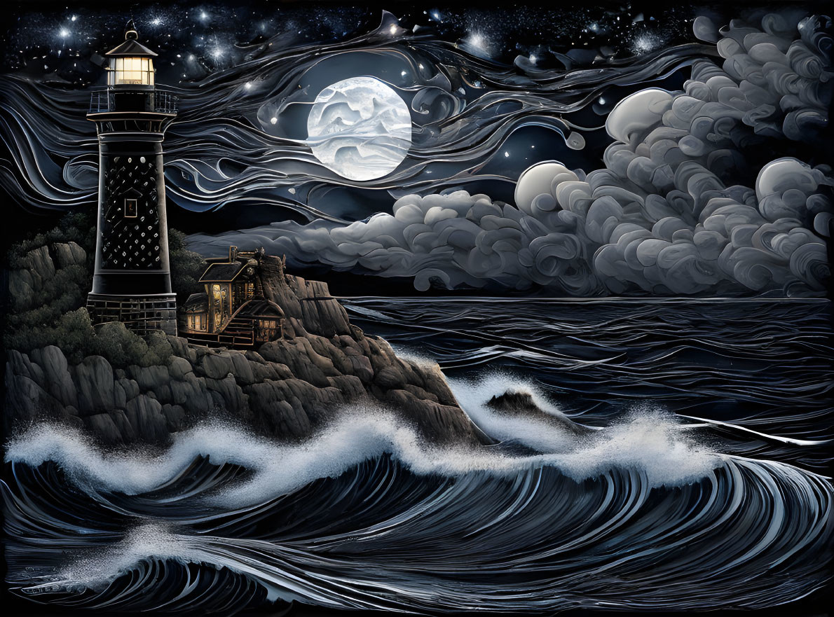 Stylized artwork of lighthouse on rocky cliffs with swirling waves under night sky