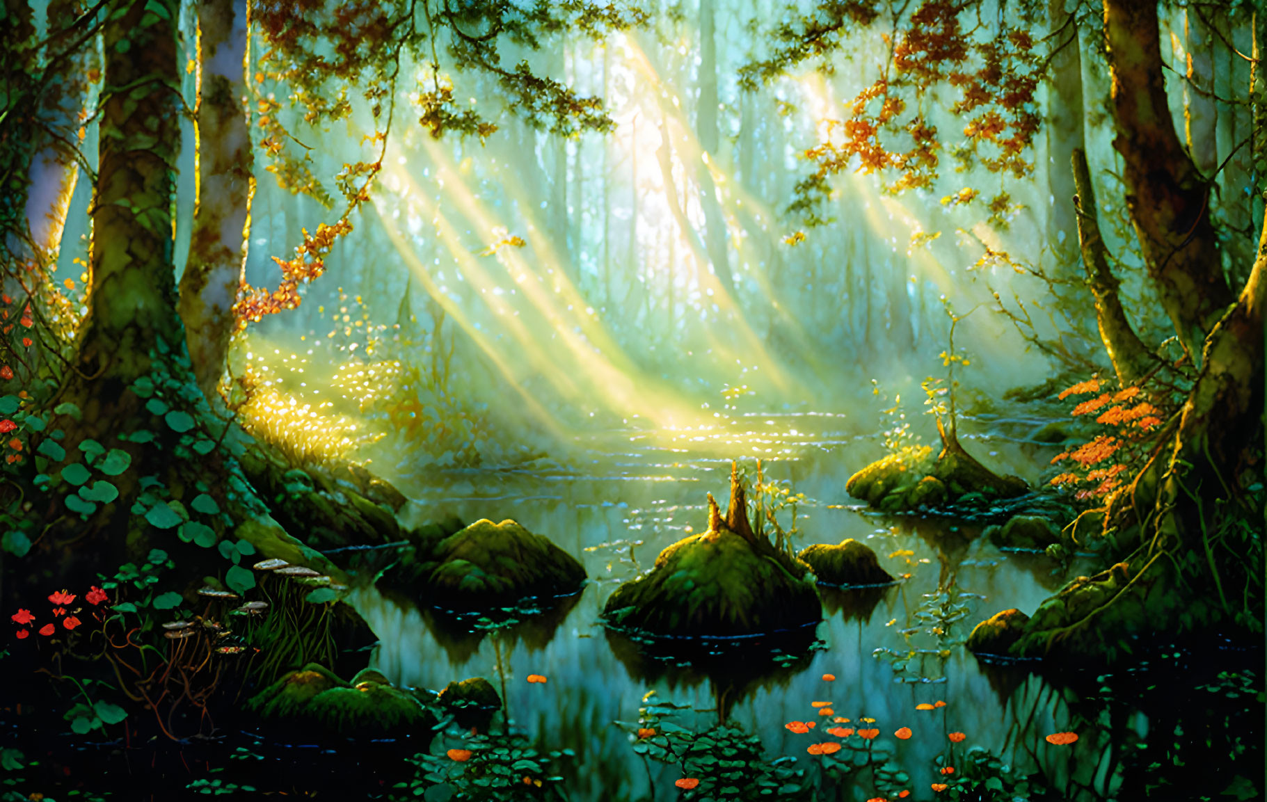 Tranquil forest scene with sunlight, misty water, rocks & greenery