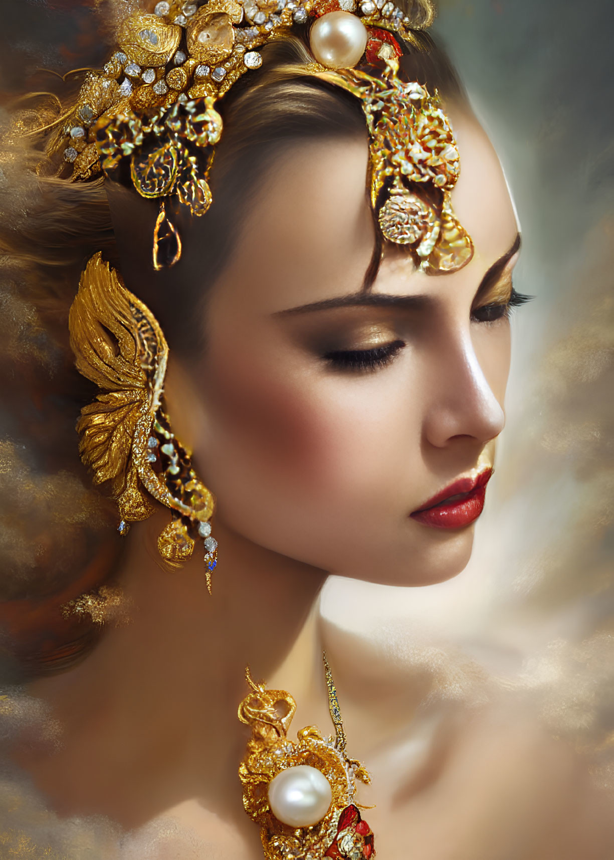 Elaborate Golden Jewelry Adorns Woman in Portrait