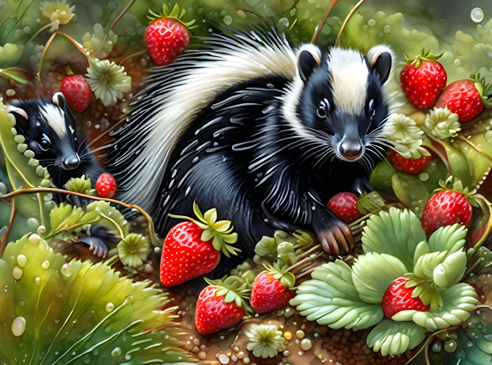 Skunks in Greenery with Strawberries and Dew Droplets