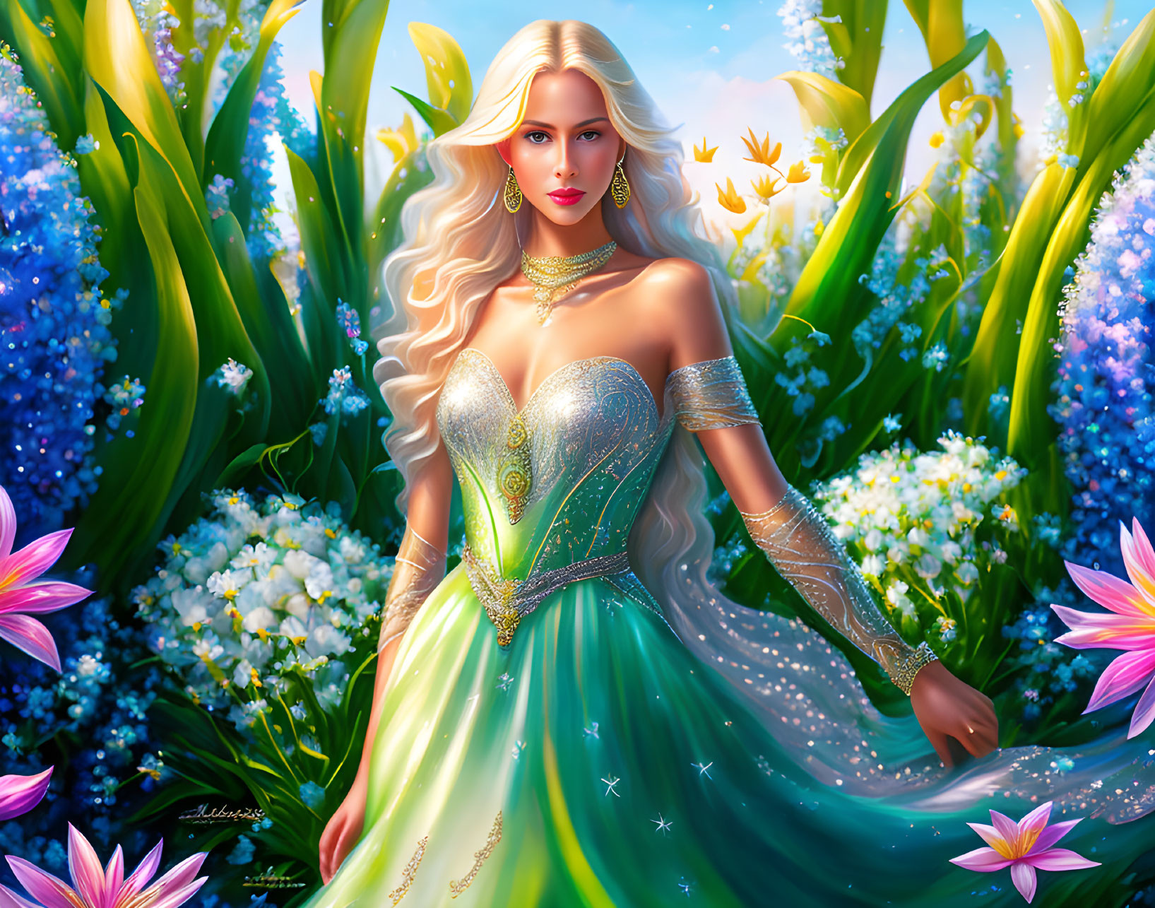 Fair-skinned woman with white hair in green gown among vibrant flowers