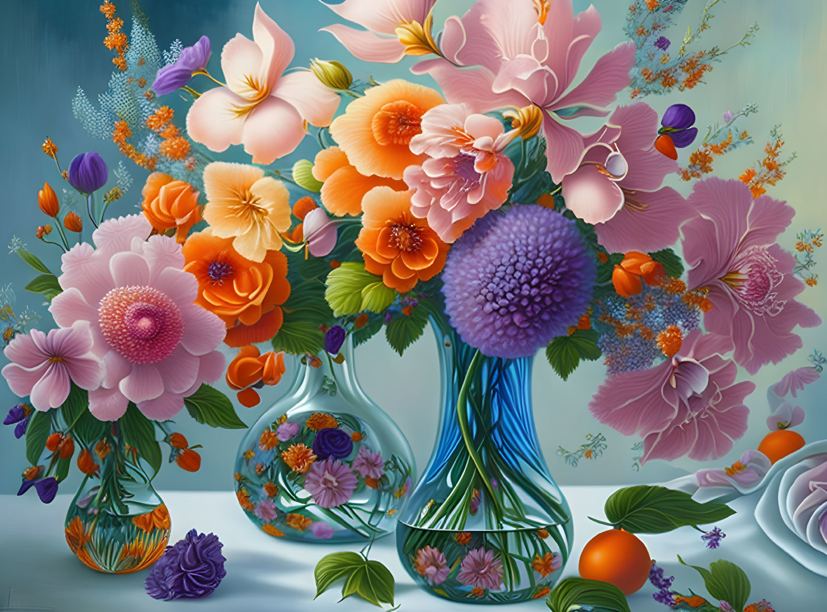 Colorful Flower Still Life Painting with Vases and Fruit on Blue Background