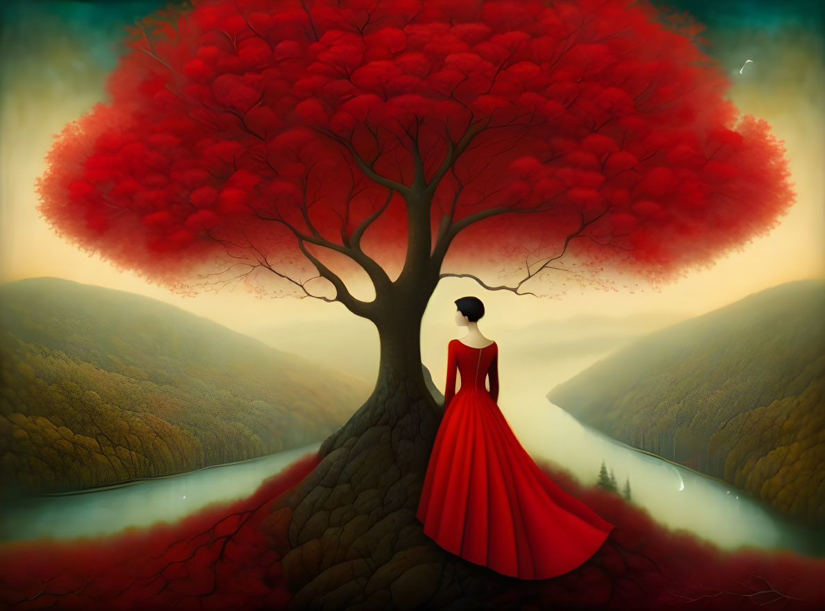 Woman in Red Dress Blending with Red-Leaved Tree in Serene Valley