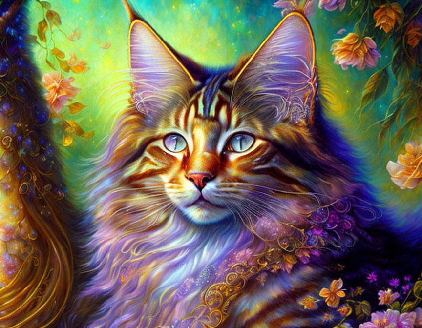 Colorful Fluffy Cat Artwork with Floral Background