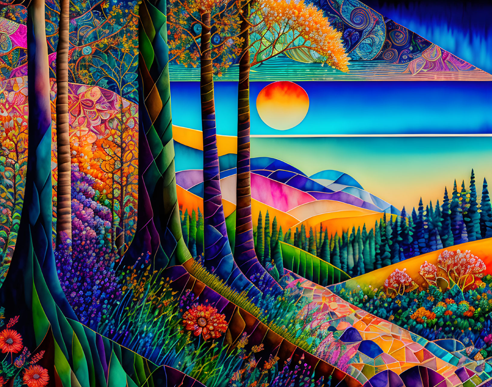 Colorful landscape with swirling trees and floral patterns at sunset