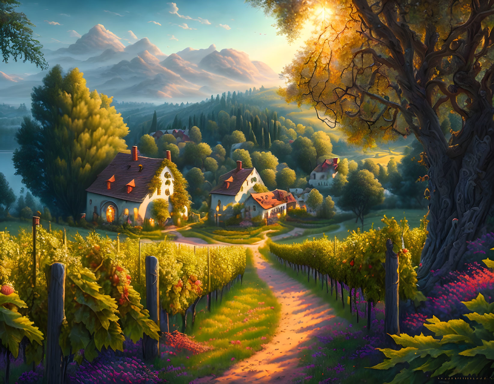 Rural landscape with vineyard, cottages, trees, and mountains at sunset