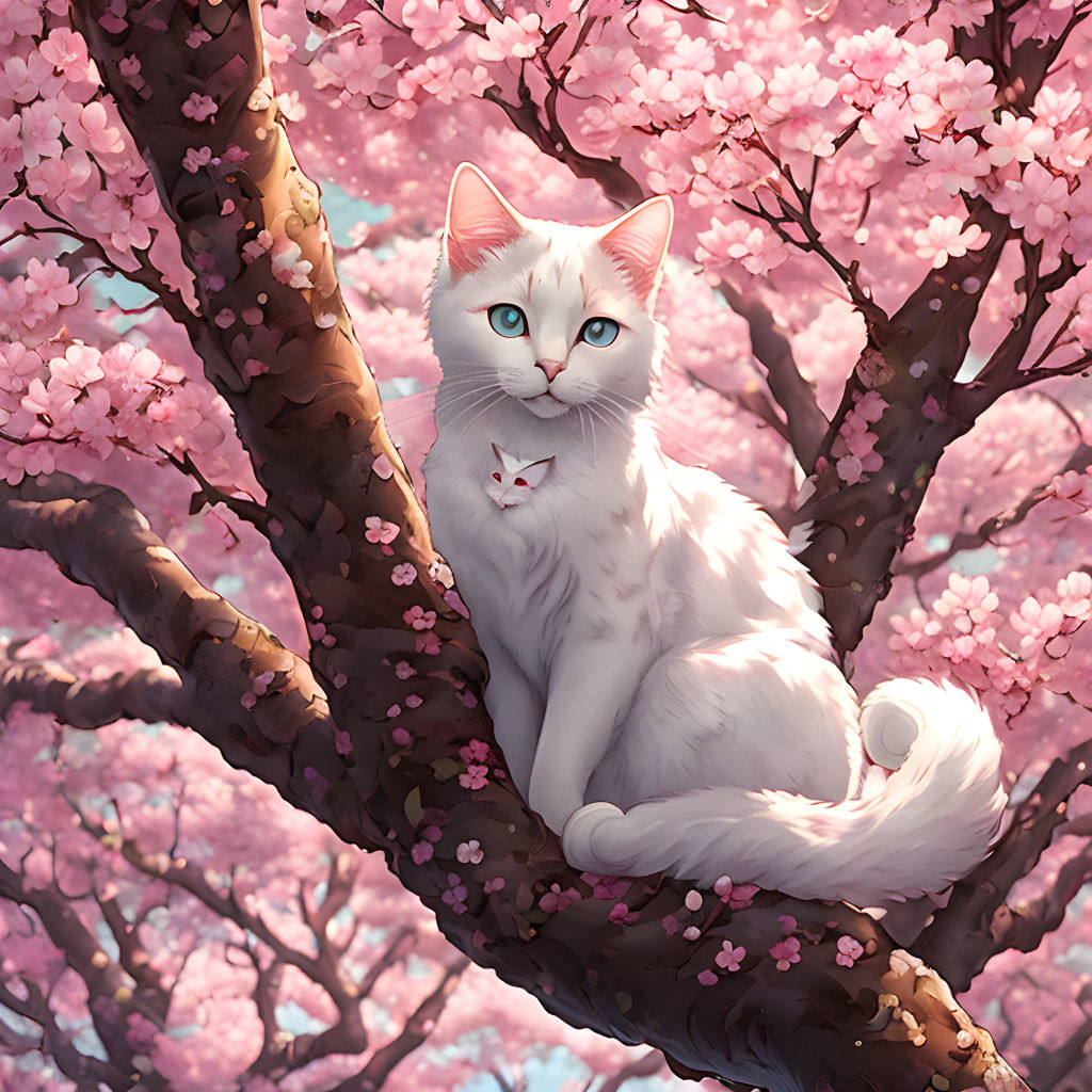 White Cat with Blue Eyes Surrounded by Pink Cherry Blossoms on Tree Branch