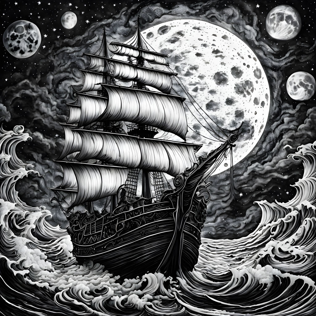 Monochrome tall ship sailing on tumultuous seas under a night sky with full moon and swirling clouds