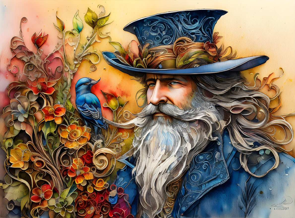 Illustration of man with flowing beard, blue hat, vibrant flowers, and bluebird.