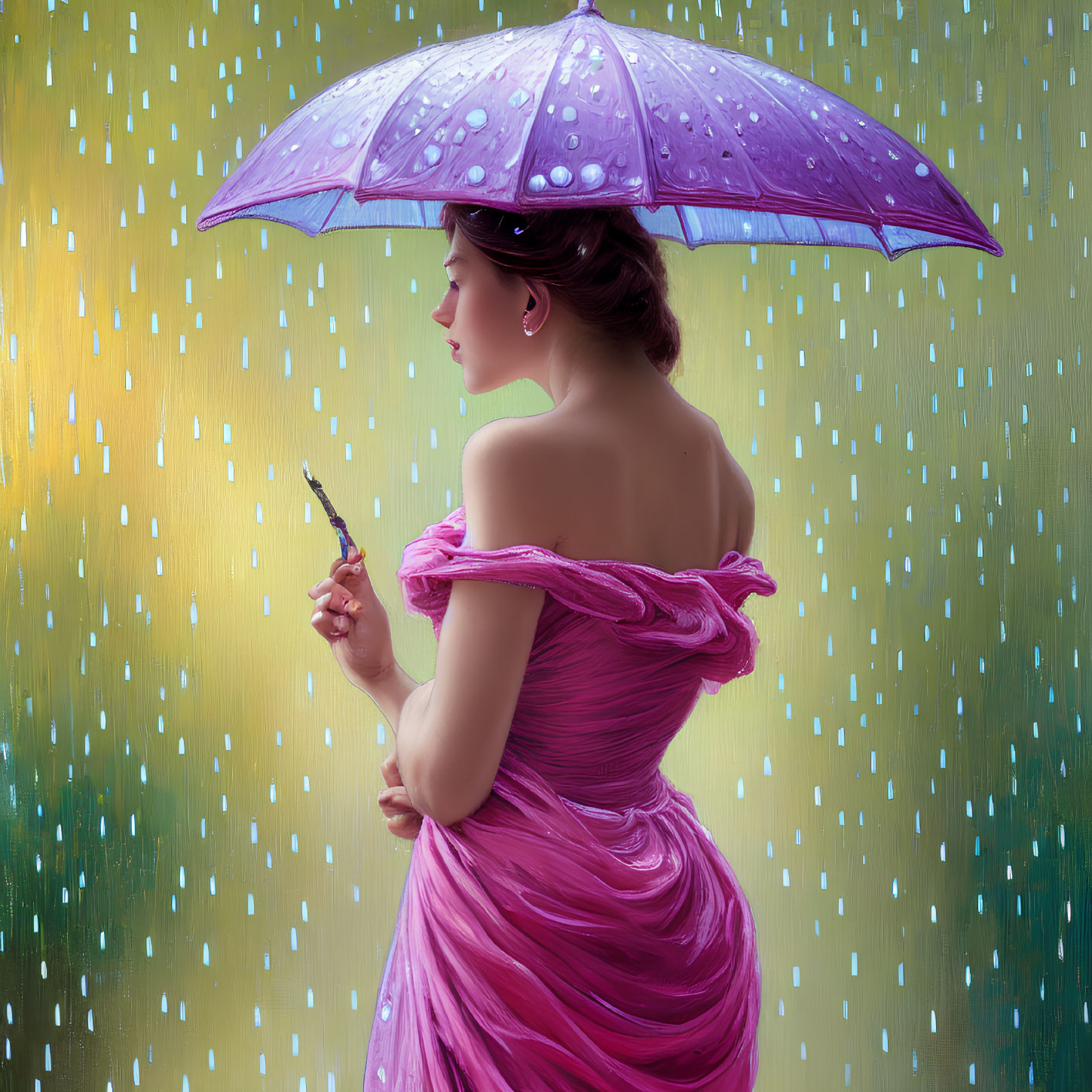 Woman in pink dress with purple umbrella in falling rain scene