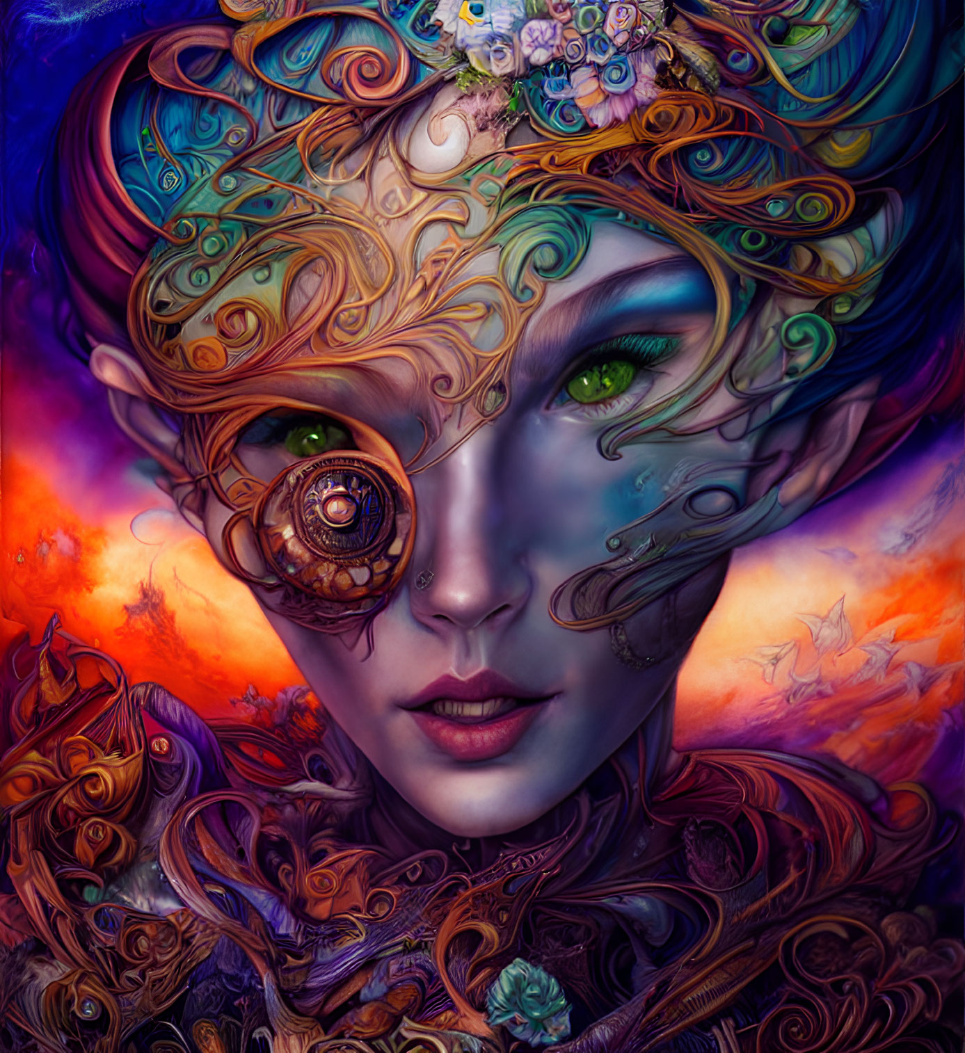 Colorful digital artwork of female figure with ornate swirling hair and mechanical eye