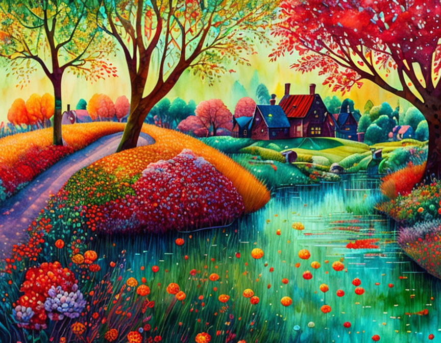 Colorful landscape painting with river, trees, path & houses in lush greenery