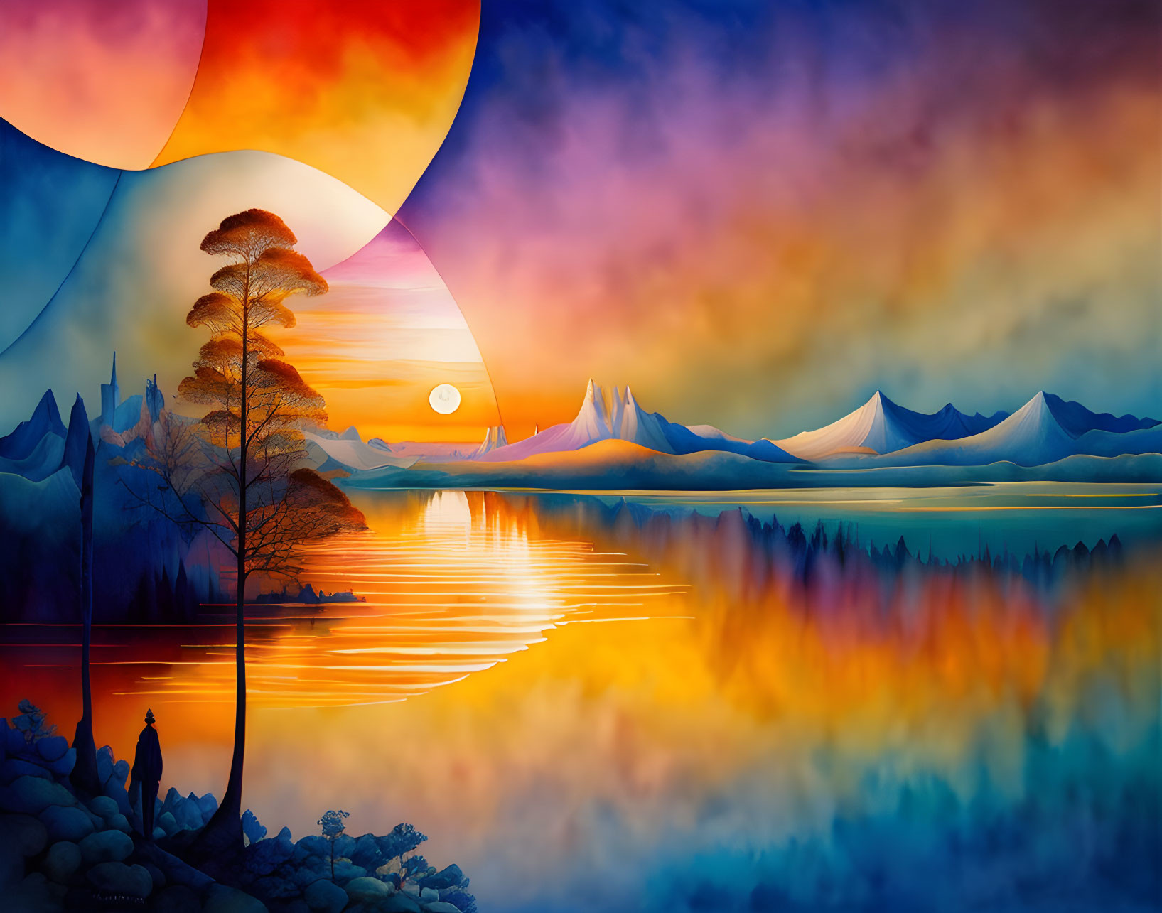 Surreal landscape with lake, sunset sky, mountains, trees, moon, and sun