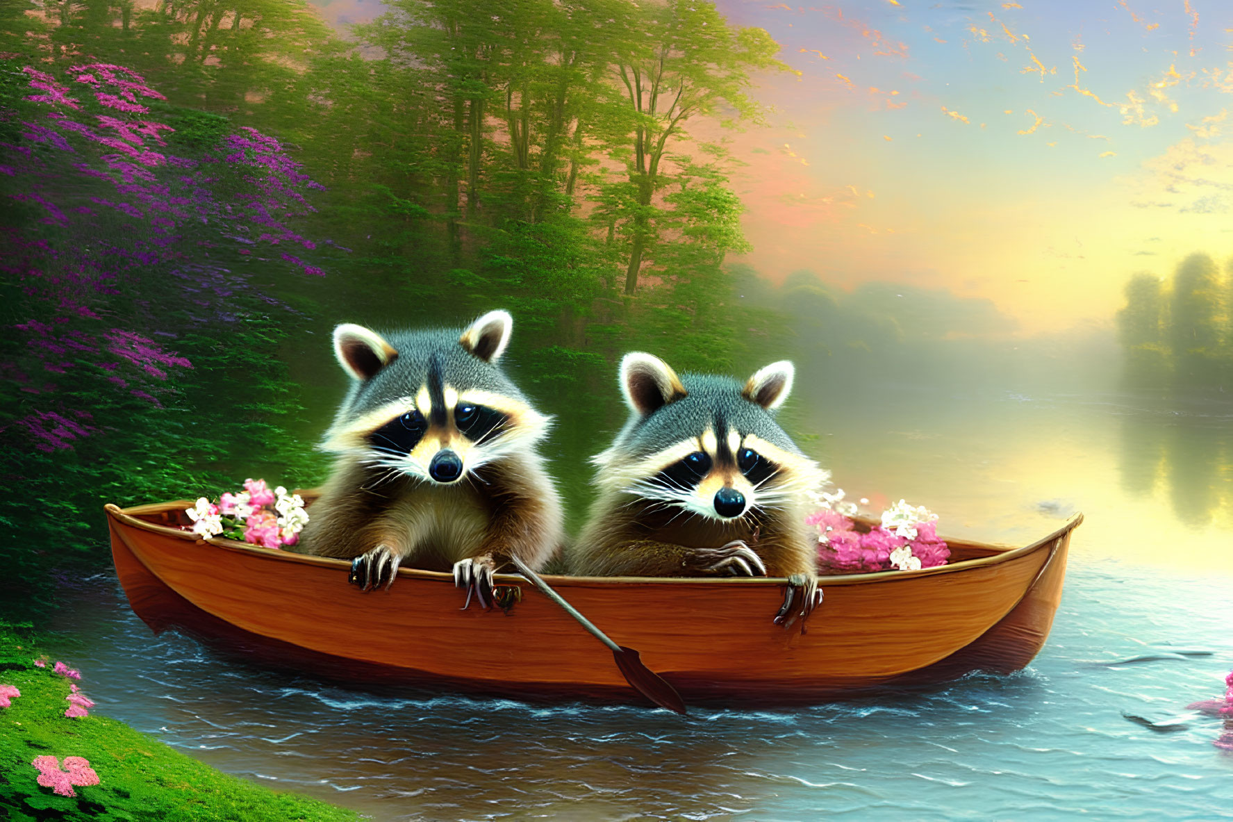 Two raccoons in boat surrounded by flowers on serene river with lush forest and misty sunlight