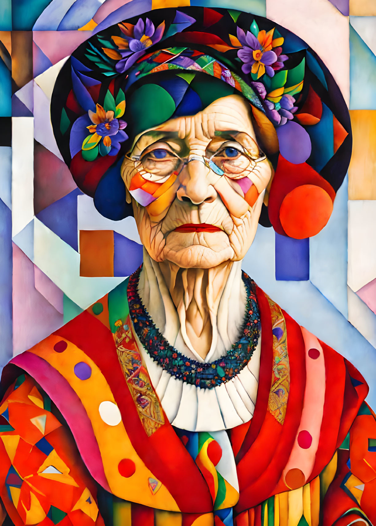 Colorful geometric portrait of elderly woman with glasses, patterned hat, flowers, vibrant scarf, and