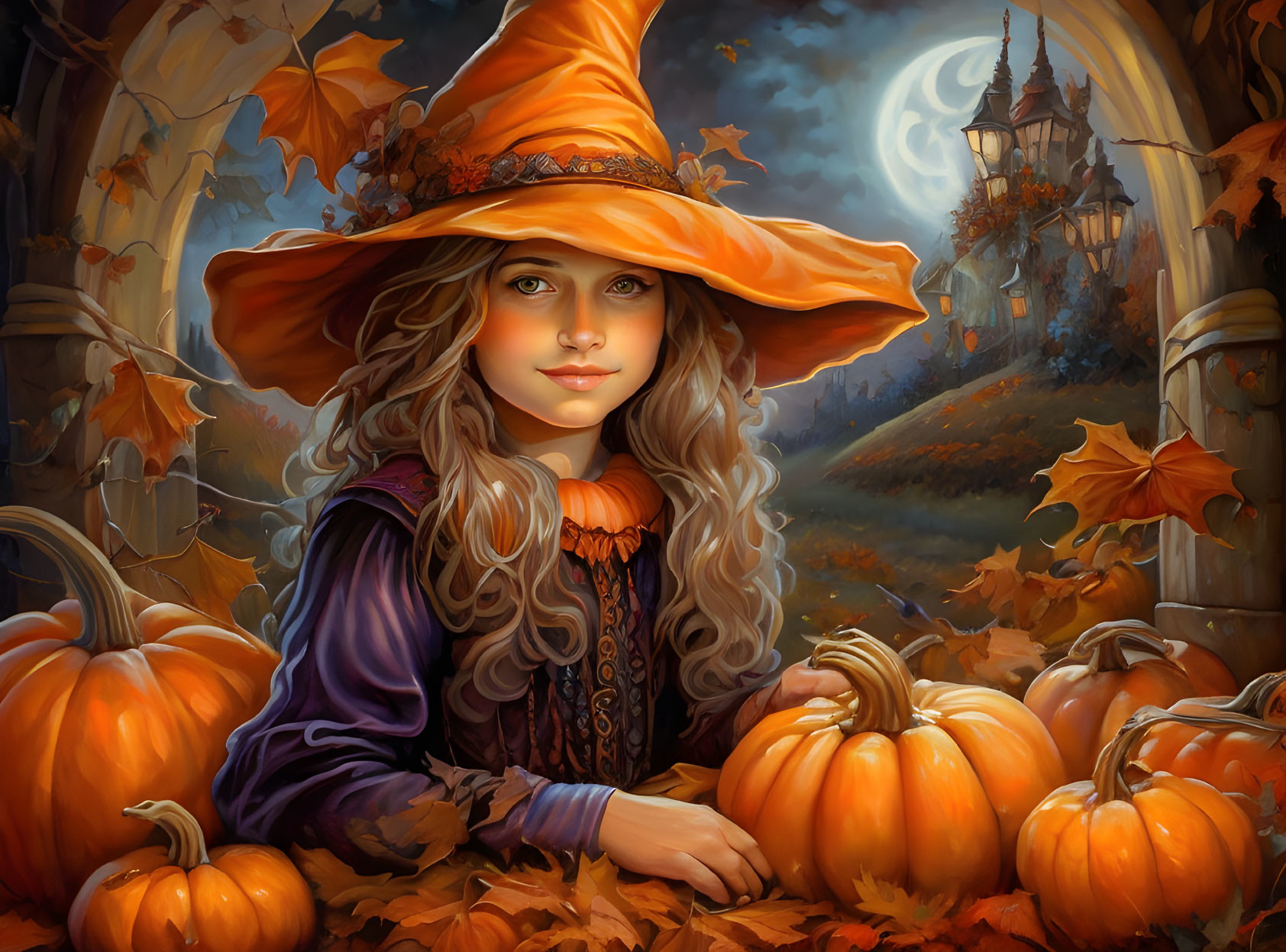 Young witch in orange hat among pumpkins with moonlit castle - Halloween scene