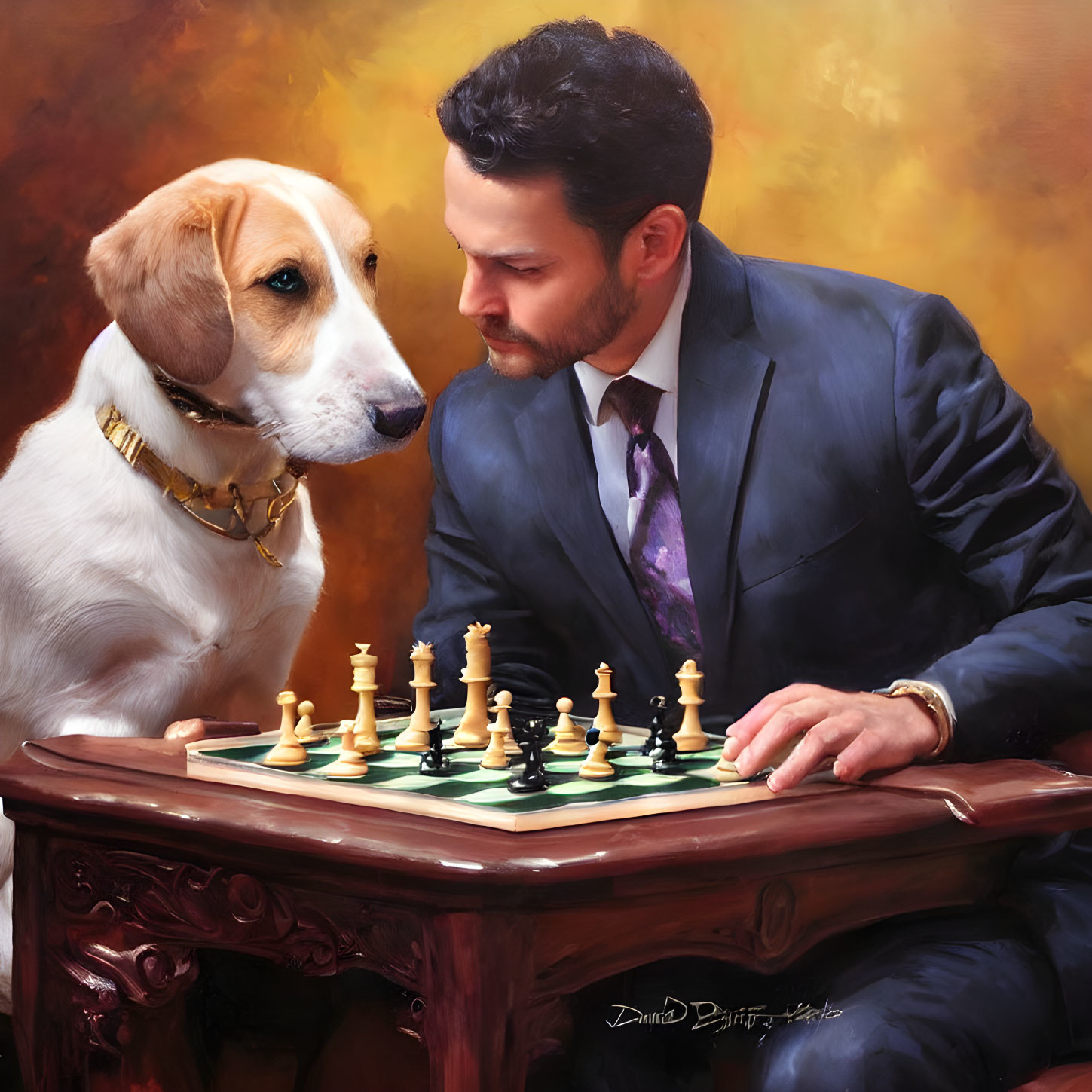 Man in blue suit plays chess with focused dog on amber backdrop