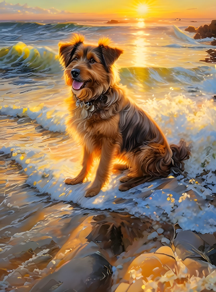 Fluffy dog on shore at sunset with waves and sunbeams