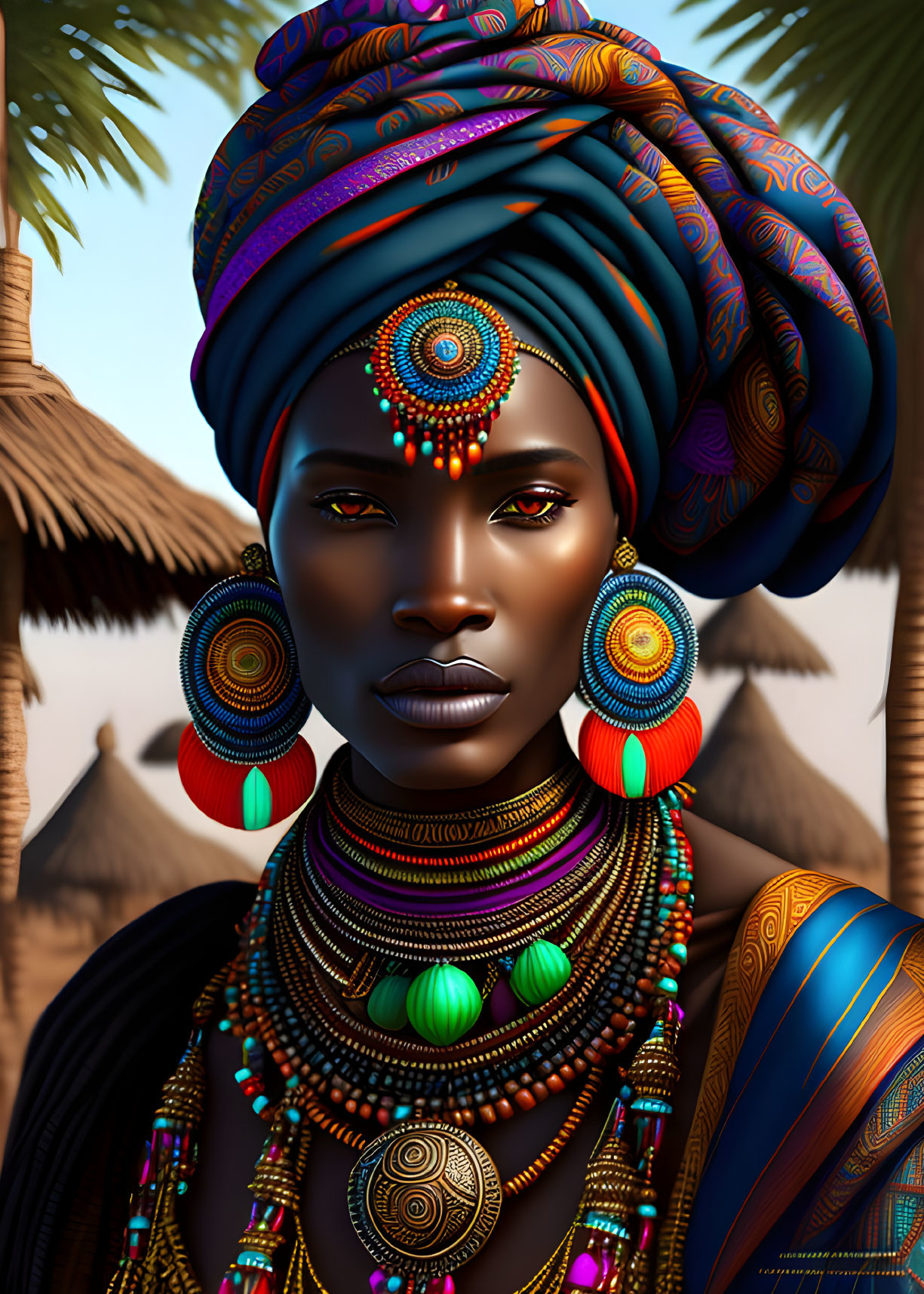 Colorful digital art portrait of woman with tribal jewelry and headwrap, set against thatched huts