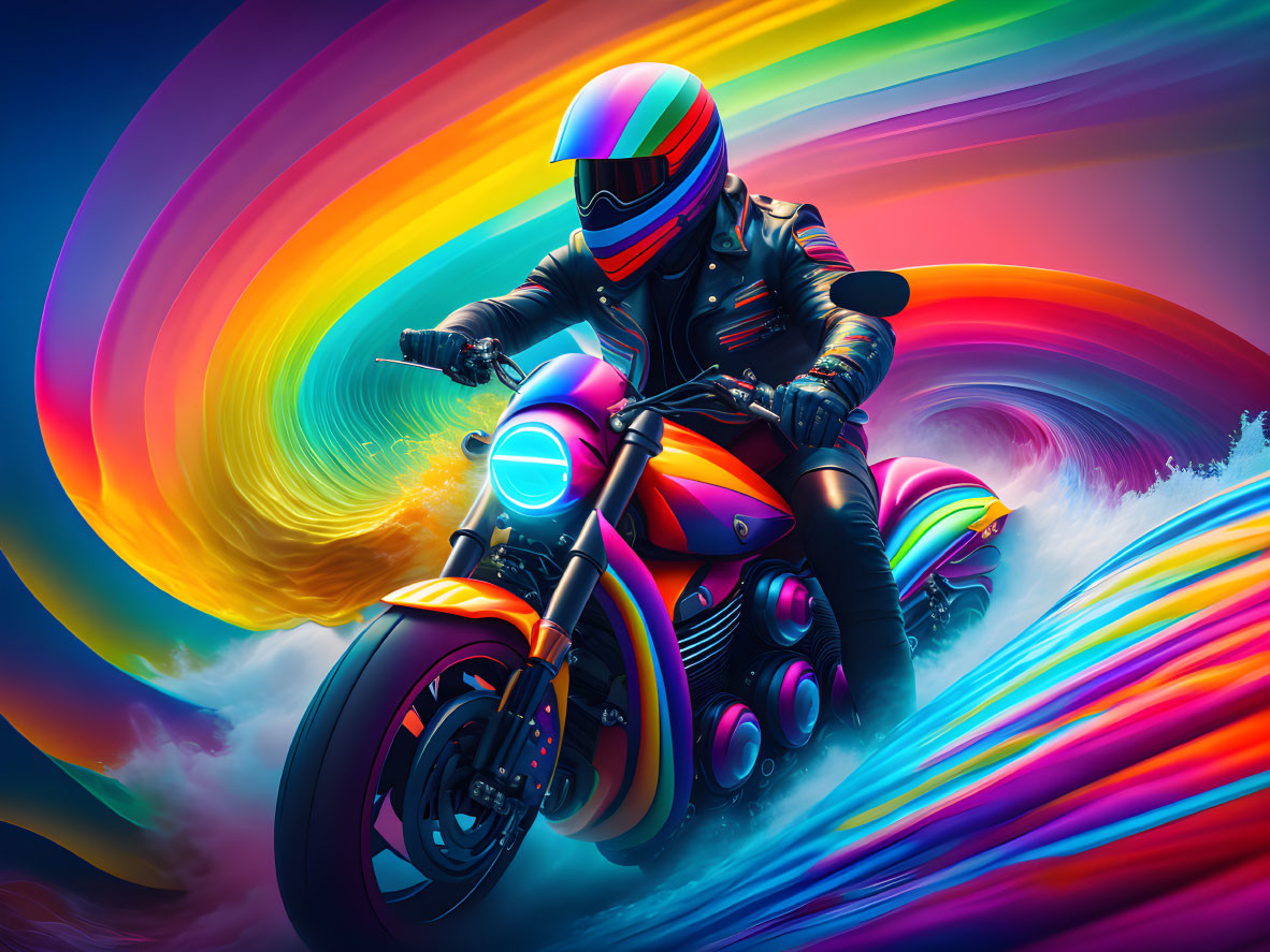 Colorful Motorcyclist Riding Fast with Neon Light Trails