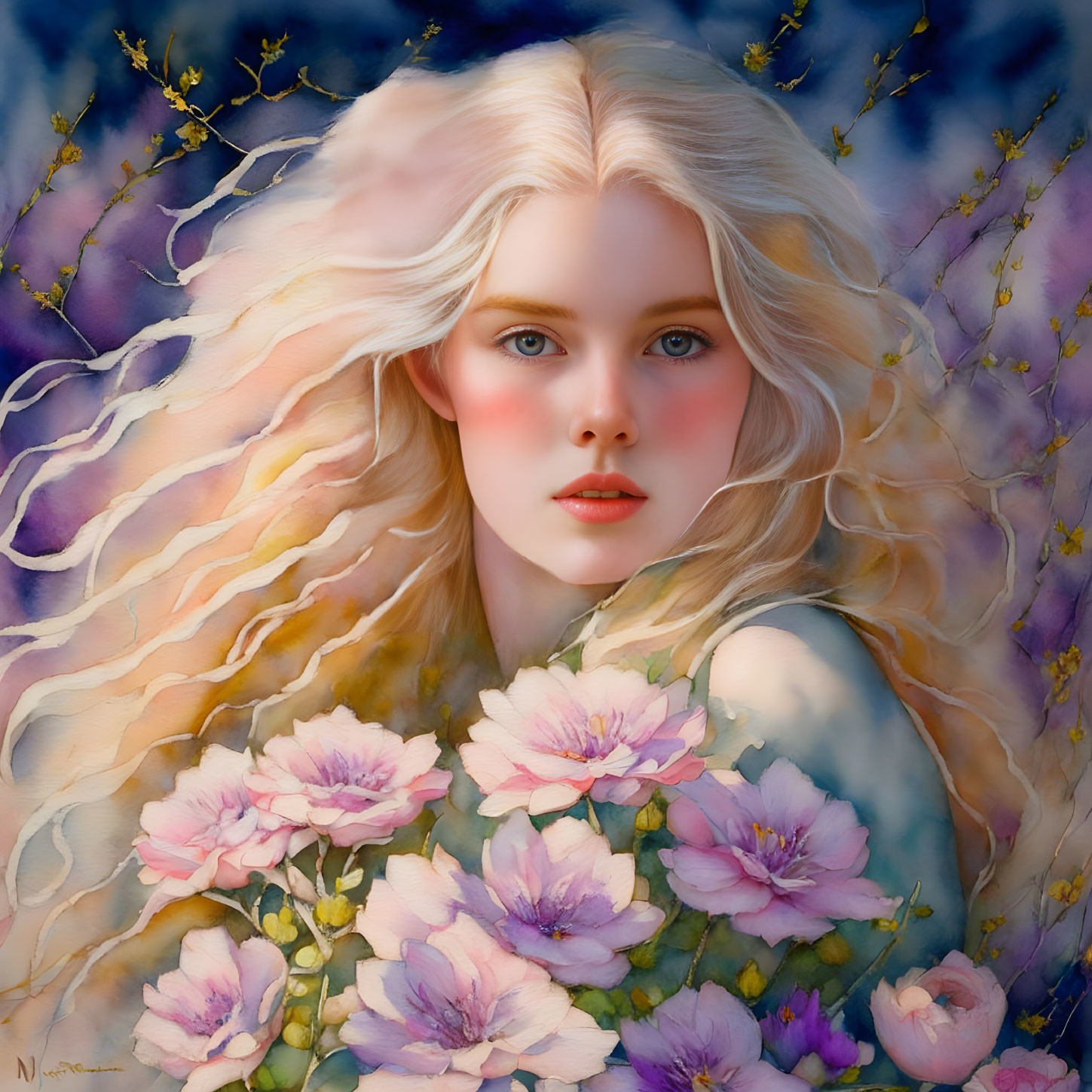 Illustration of person with pale skin, wavy blond hair, pink flowers, rosy cheeks,