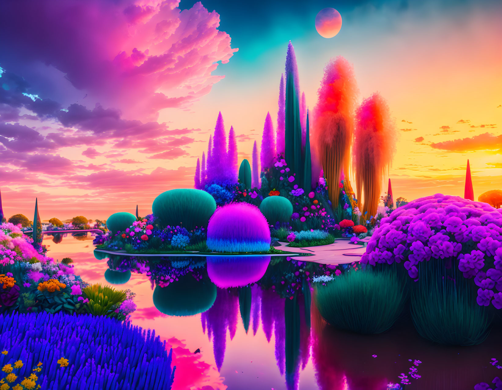 Colorful Otherworldly Landscape with Serene Water Reflections
