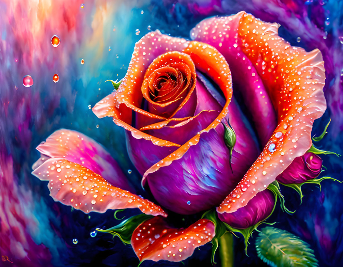 Colorful digital painting: Dew-kissed rose on cosmic backdrop