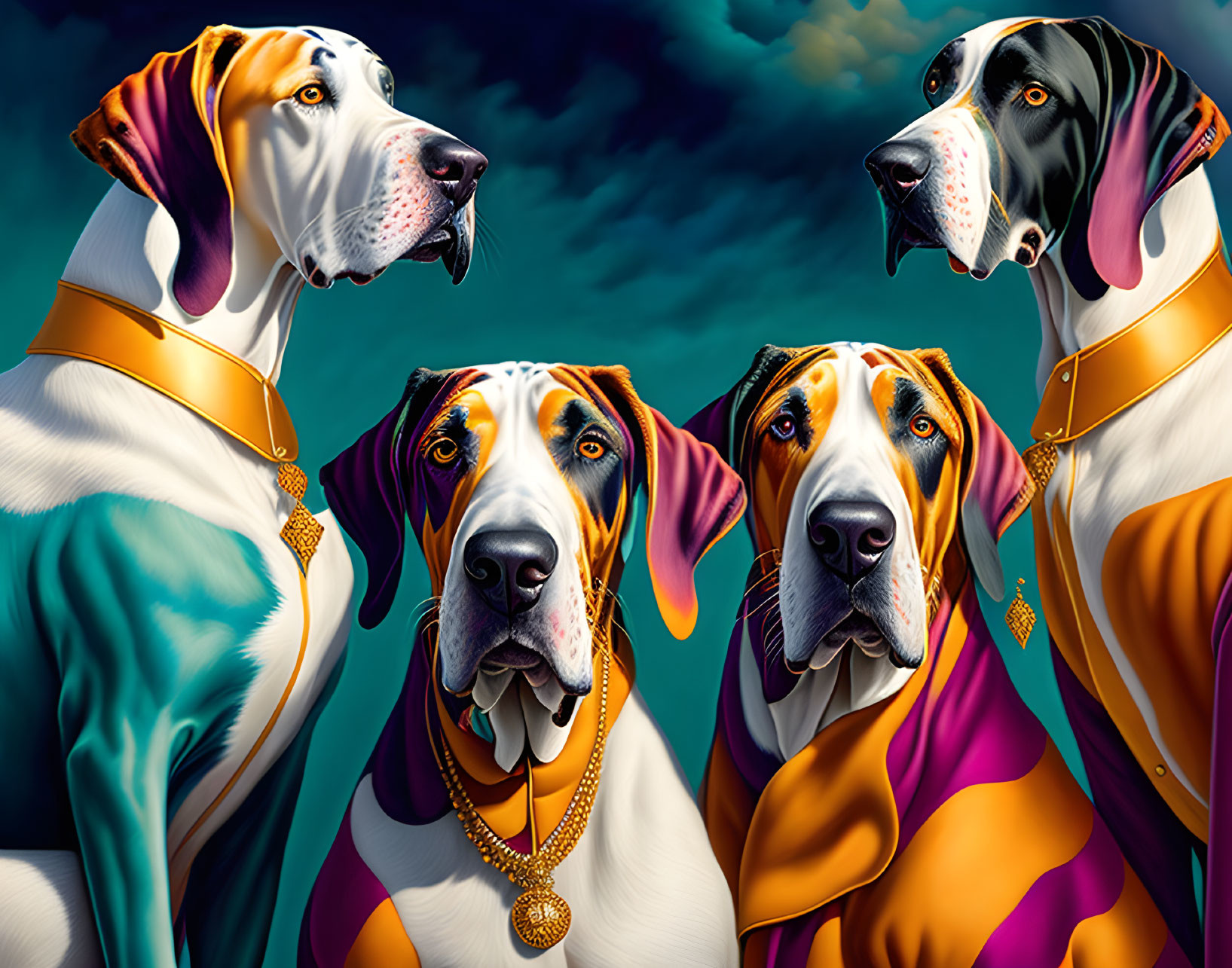 Four Colorfully Illustrated Great Danes in Regal Attire Against Dramatic Sky