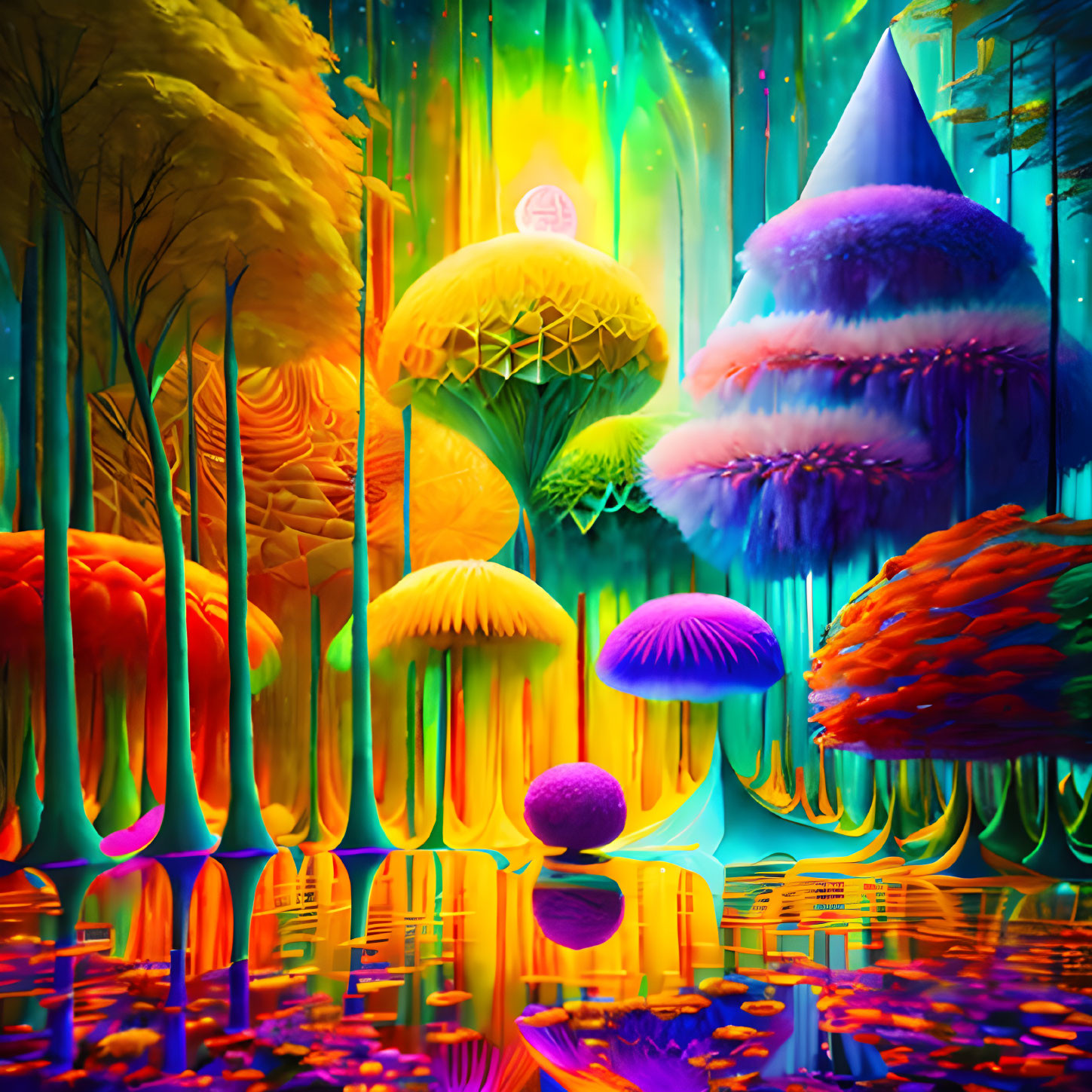 Colorful Alien-Like Trees and Mushrooms in Psychedelic Landscape