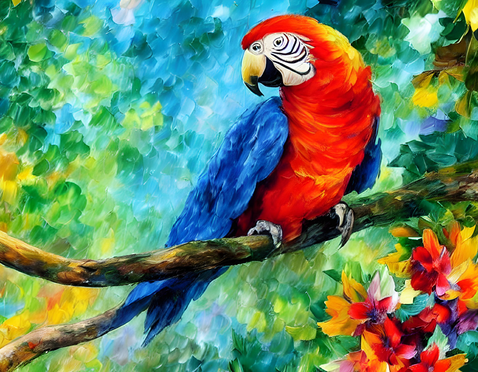 Colorful Parrot Painting on Branch with Green Foliage and Flowers