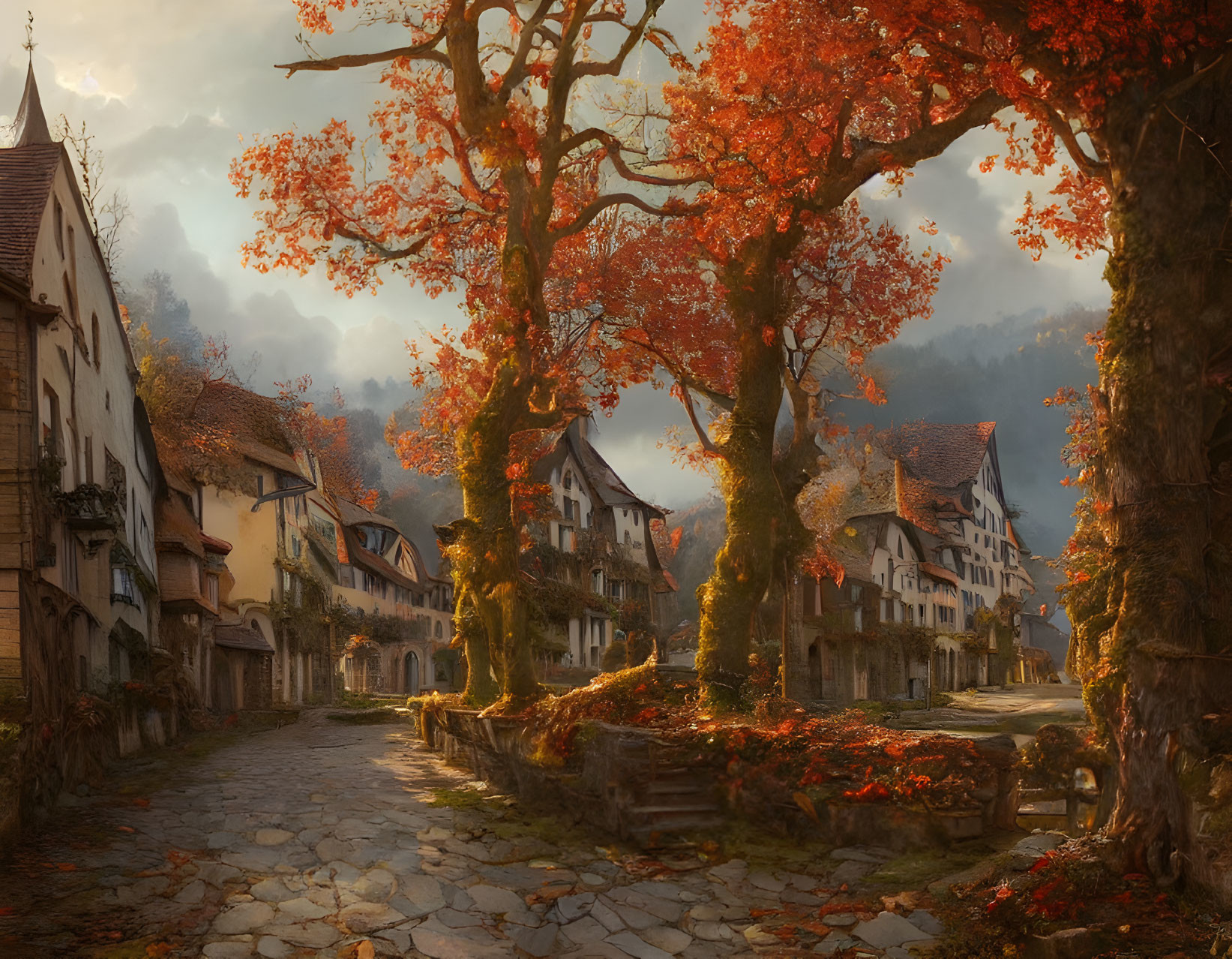 Traditional houses on cobblestone street with autumn trees in warm sunset light