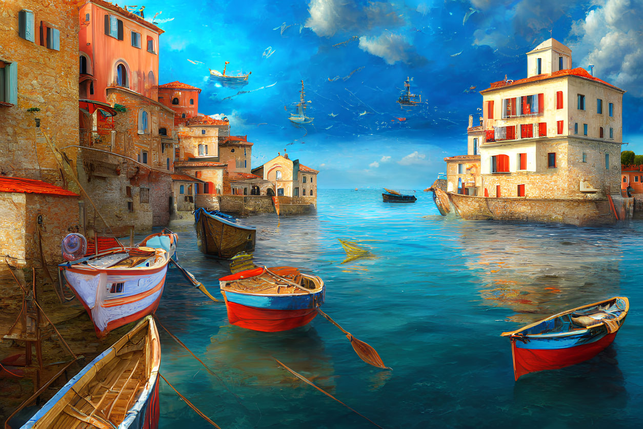 Colorful boats and European buildings under surreal sky with floating ships