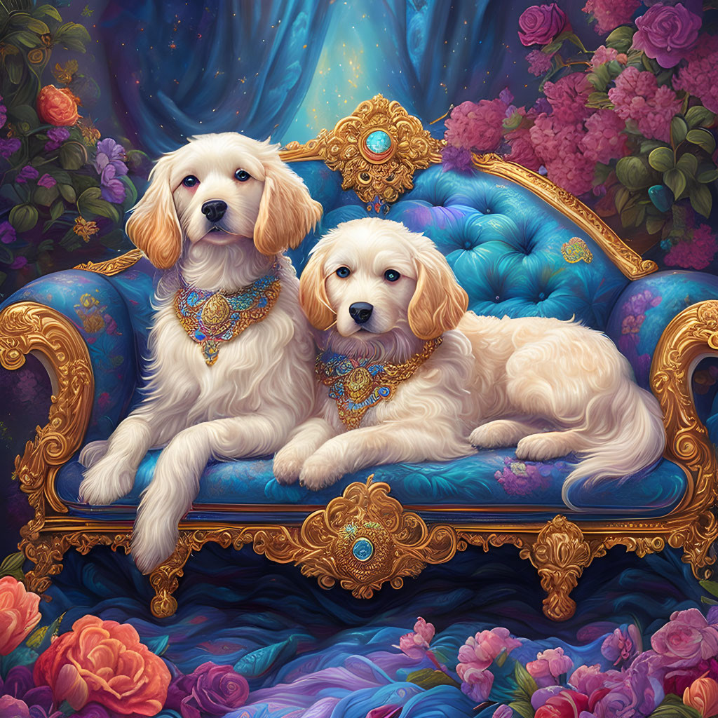 Golden Retriever Puppies with Jewelry on Blue and Gold Sofa among Colorful Flowers