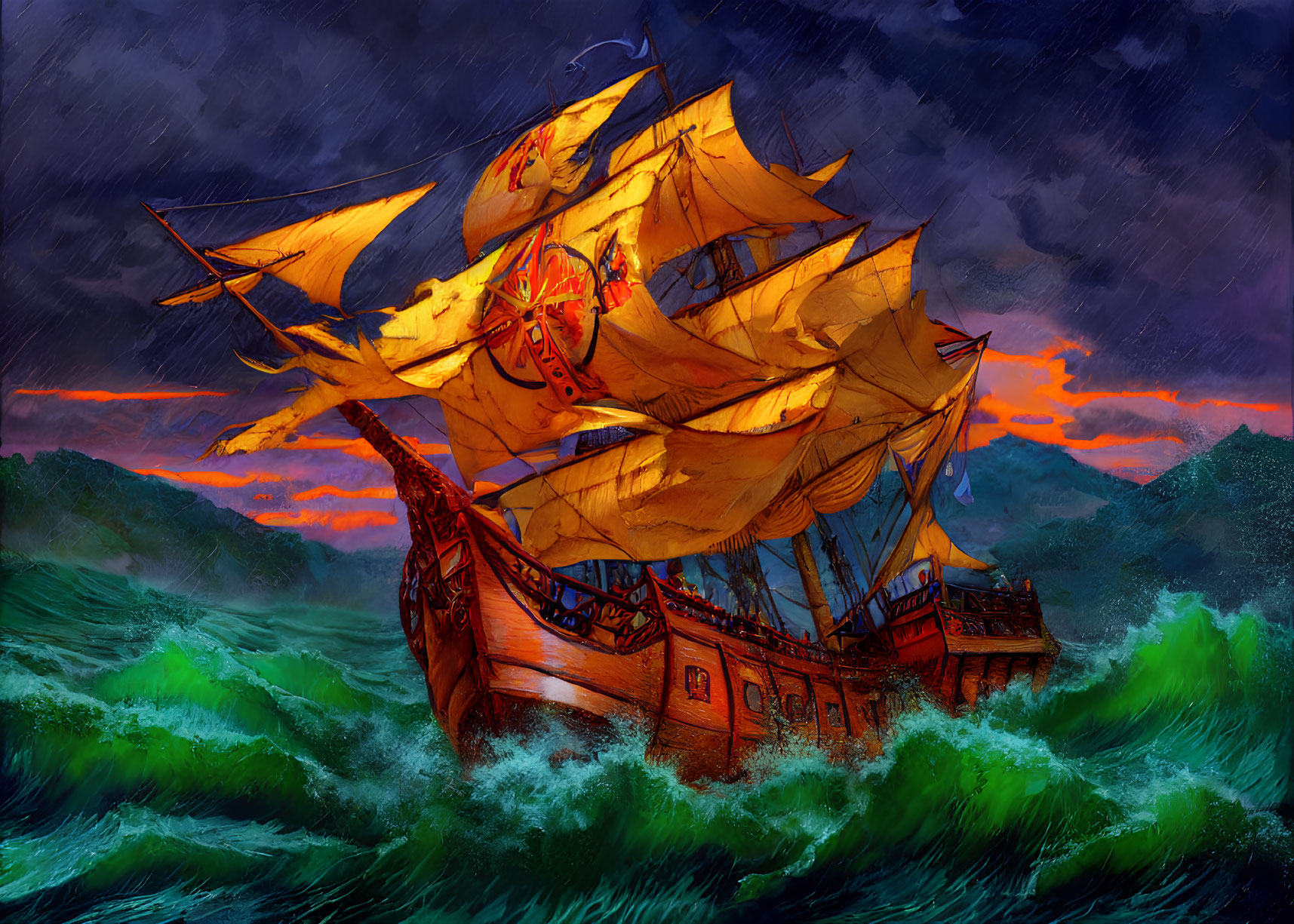 Illustration of grand sailing ship with orange sails in stormy sea.