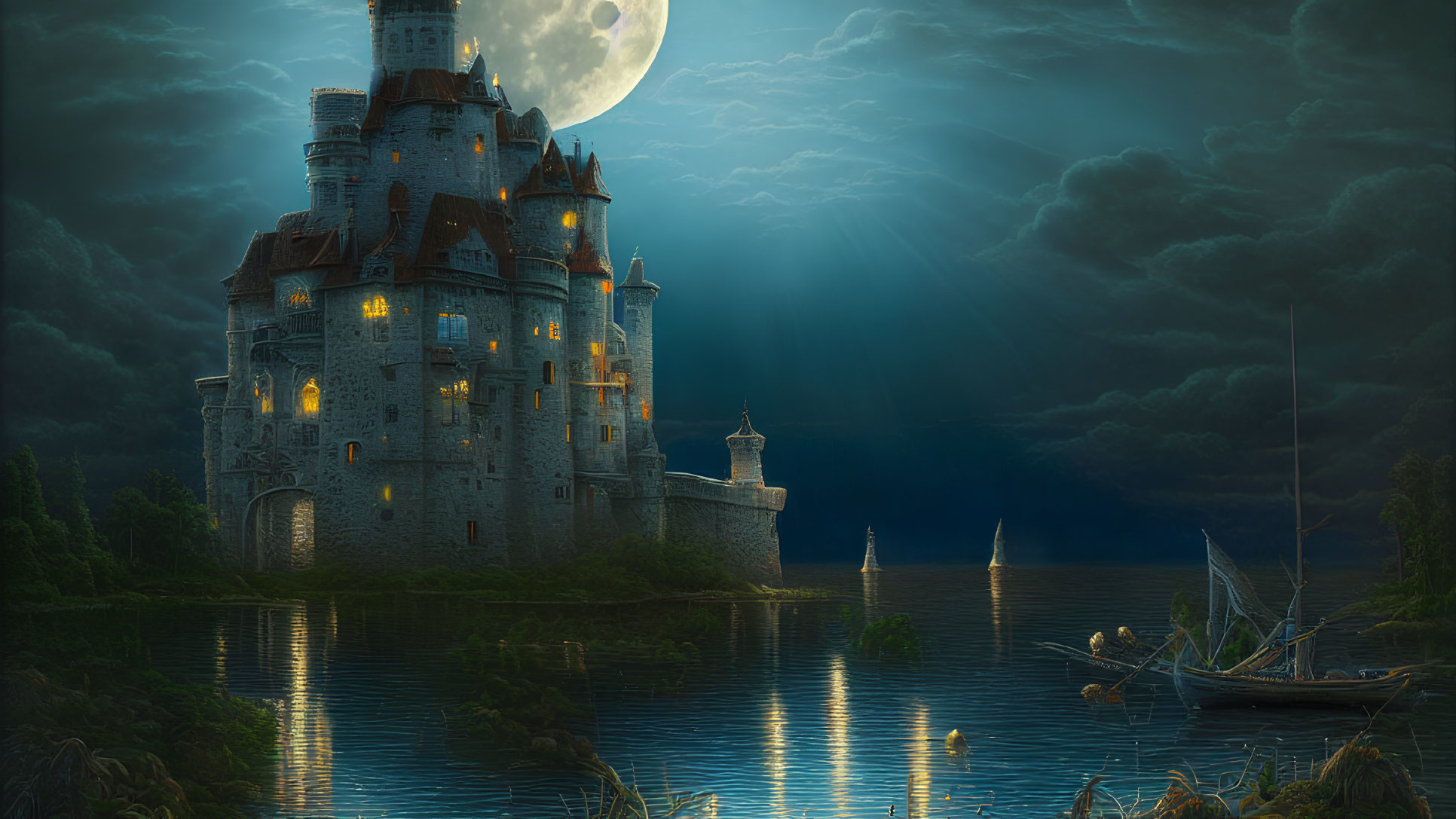 Moonlit castle by tranquil lake with glowing water lilies under dramatic night sky