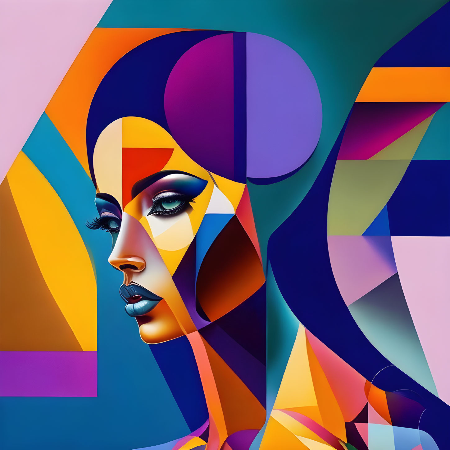 Colorful geometric digital portrait of a woman's face in abstract art style